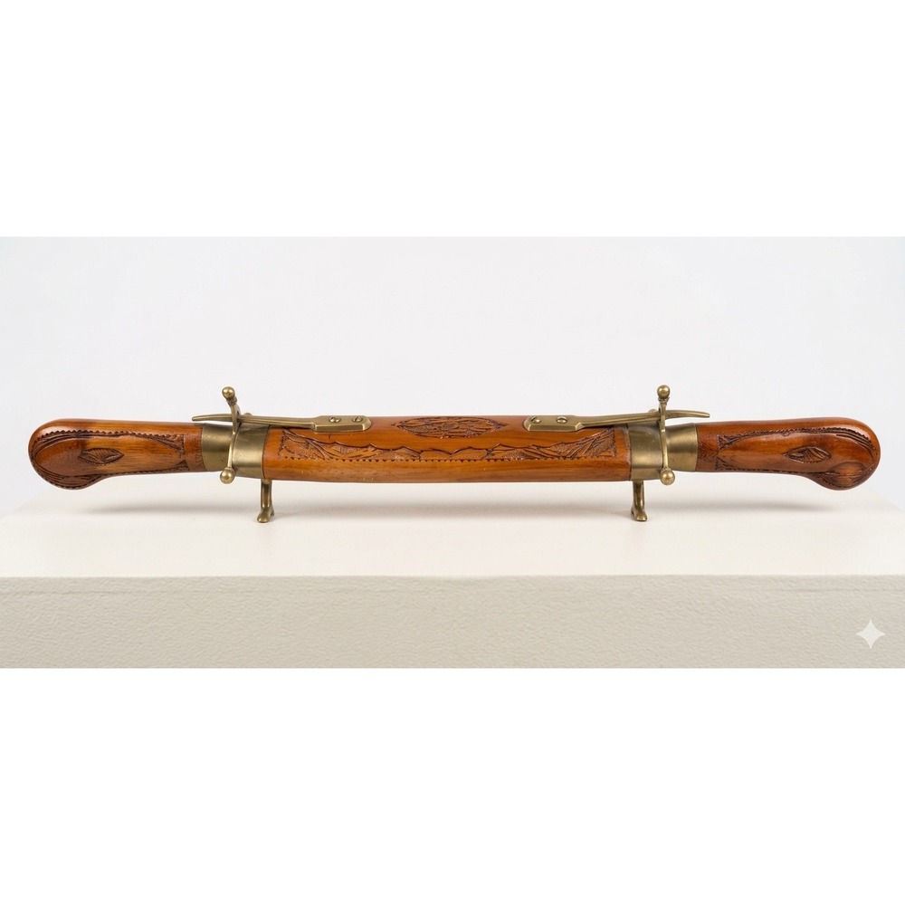 Vtg Hand Carved Wood Brass India Carving Knife Fork Set Sheath Stand Collectible